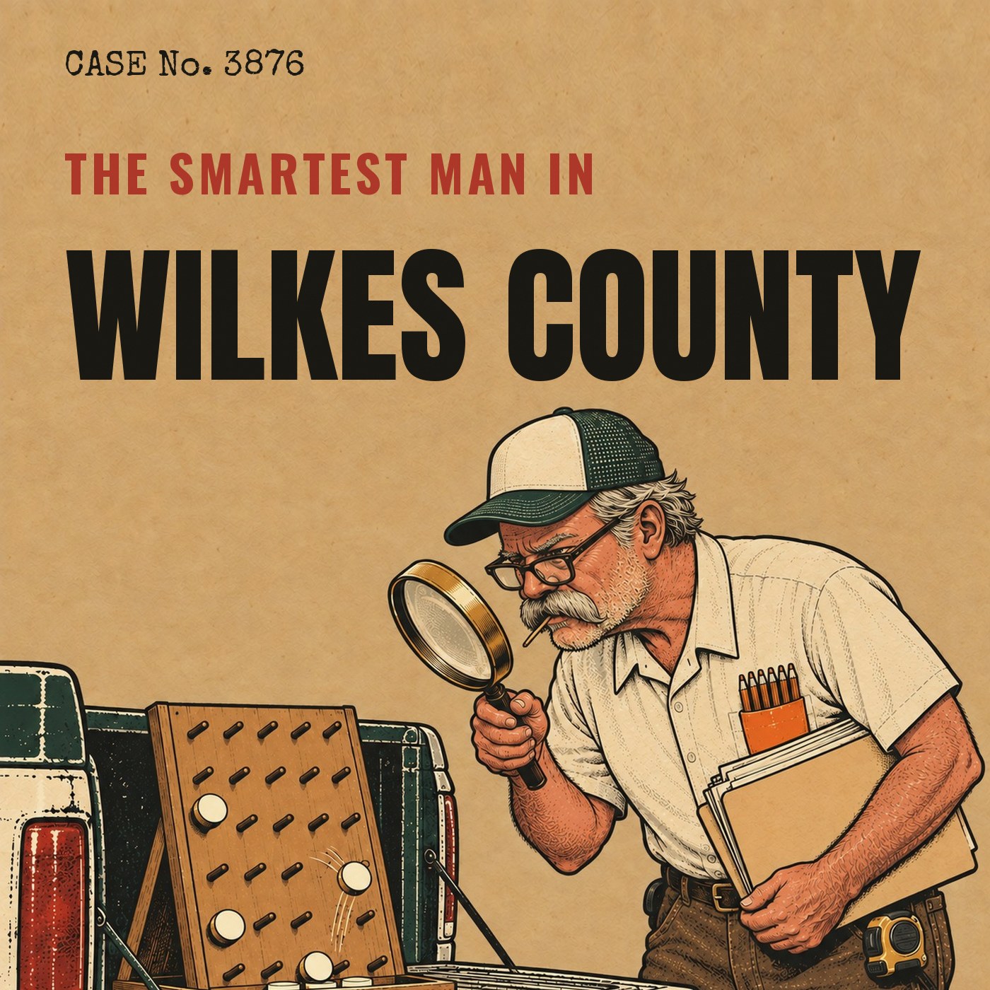 Illustration of the smartest man in Wilkes County, in a trucker cap and reading glasses with a toothpick, studying a peg board game on a pickup tailgate through a magnifying glass. Case No. 3876.